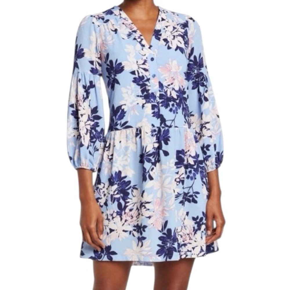 NWT VINCE CAMUTO Floral 3/4 Sleeve Button Front Side Pockets Mini Dress Size 6